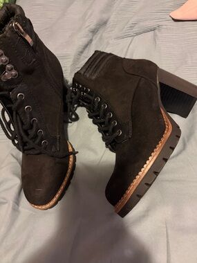 Black Suede Lace-Up Block Heel Ankle Boots